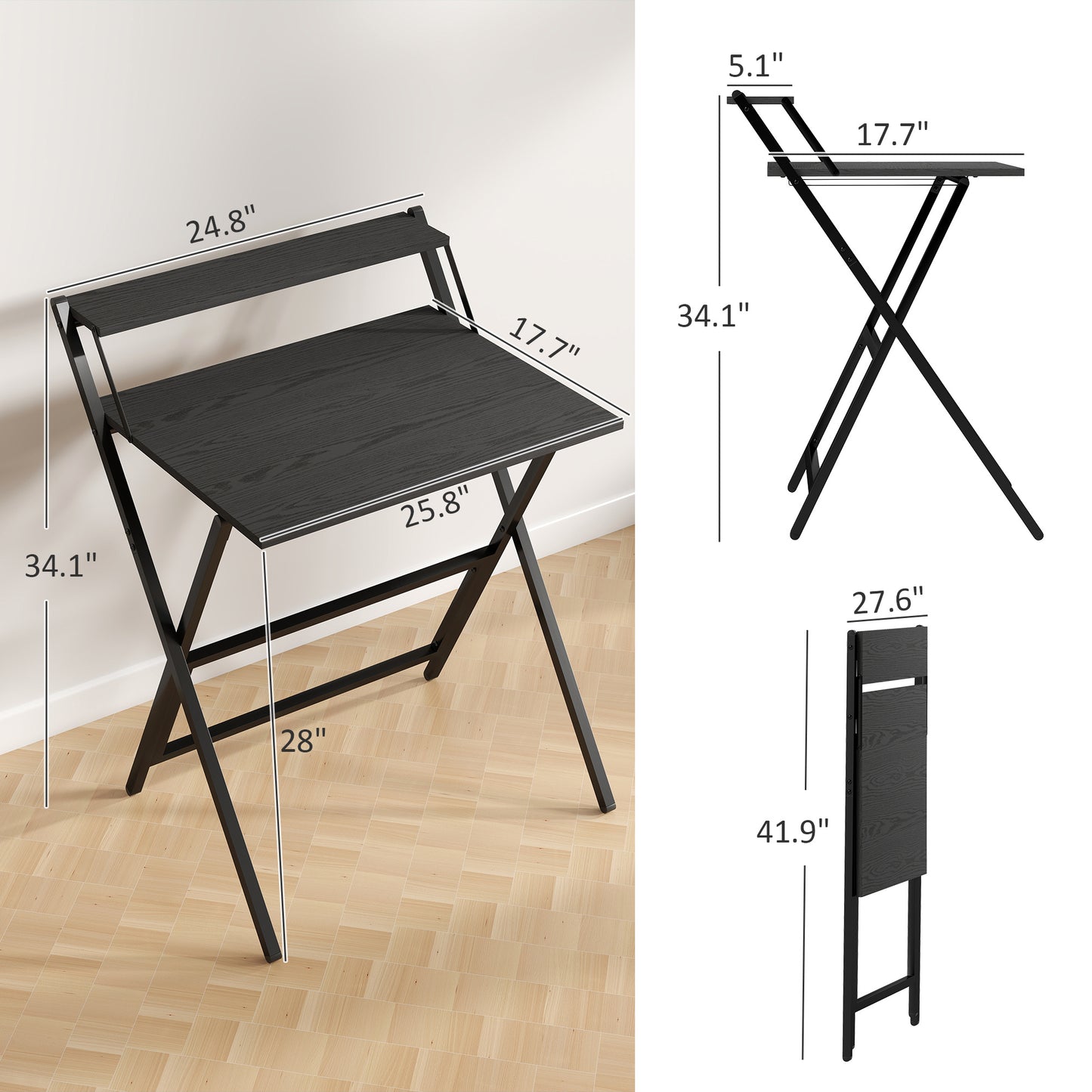 US Local Folding Computer Desk, 27.6 Foldable Desk With Monitor Shelf For Small Space, Home Office, Study, Easy Assembly, Black