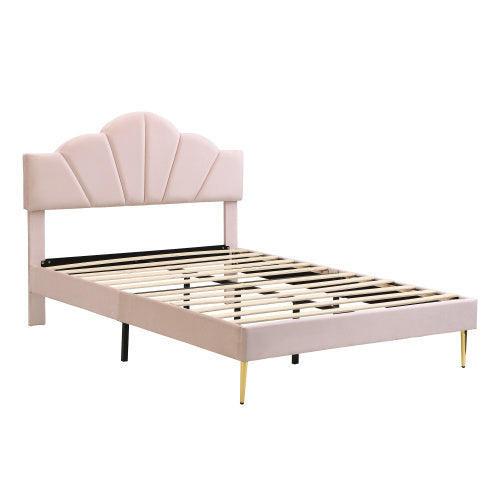 UK Local Velvet Upholstered Bed,King Size Bed-5ft 150x200cm  Shell-like Bed With Golden Iron Legs, Height-adjustable Headboard, Wooden Slatted Frame