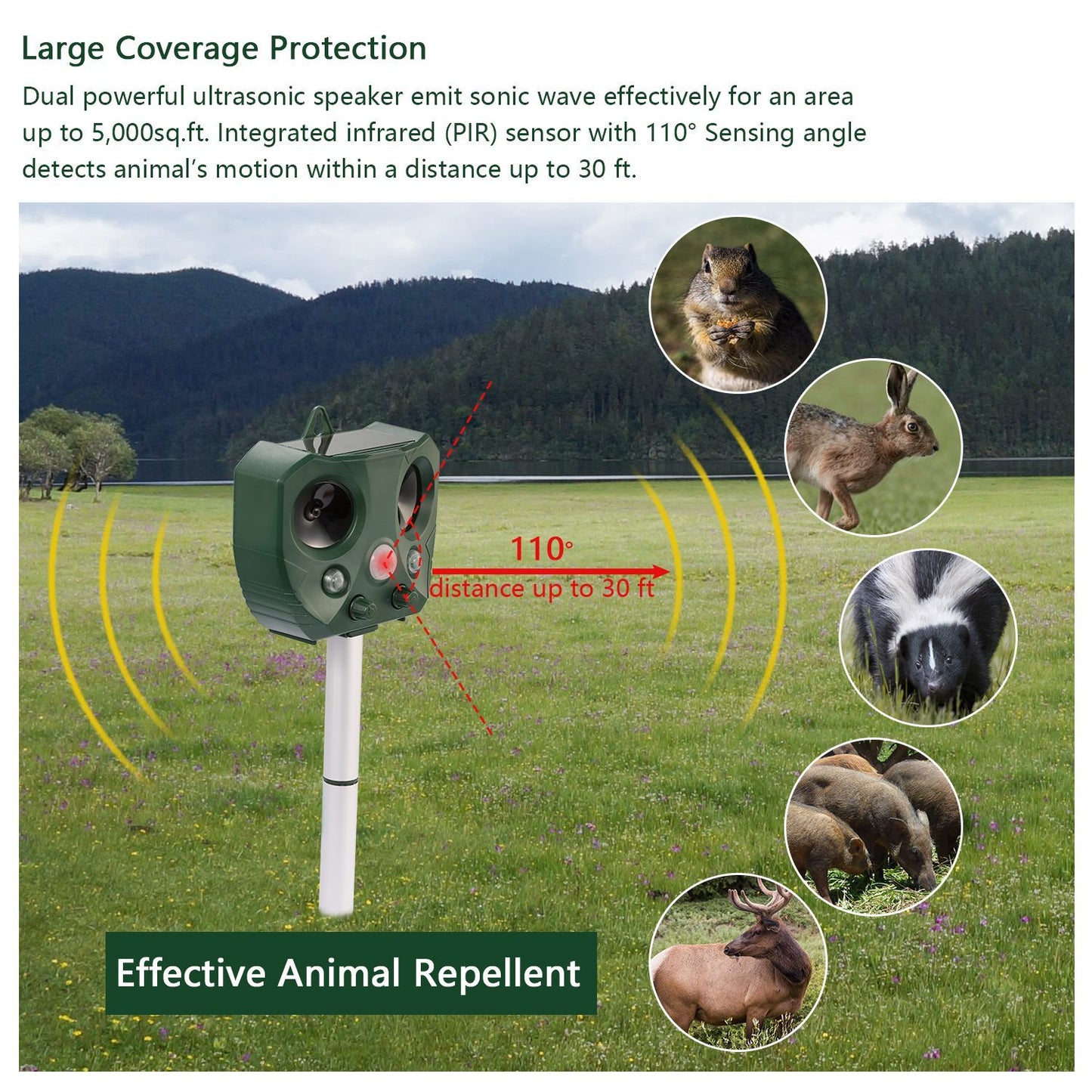 US Local 1 Pc Ultrasonic Animal Repeller Solar Powered Repellent With Motion Sensor LED Flashing Lights IPX6 Waterproof Outdoor For Farm Garden Yard
