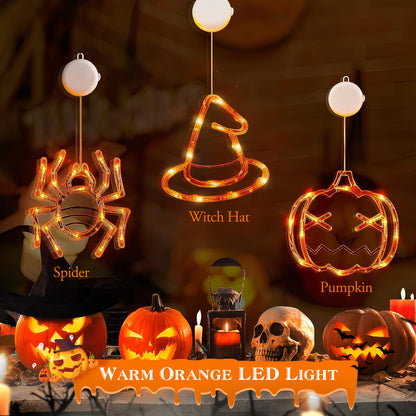US Local Set Of 3 Pack Halloween Window Light Spider Witch Hat Pumpkin With Orange Light Hanging Halloween Decoration Light With Suction Cup Hanging Holes