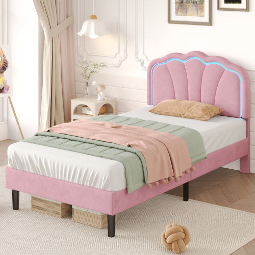 UK Local 3ft Single Upholstered Bed With LED Adjustable Shell Shape Headboard, Soft Velvet Bed Frame With Solid Wood Slat, No Box Spring Needed, Easy Assembly, Cream White No Mattress
