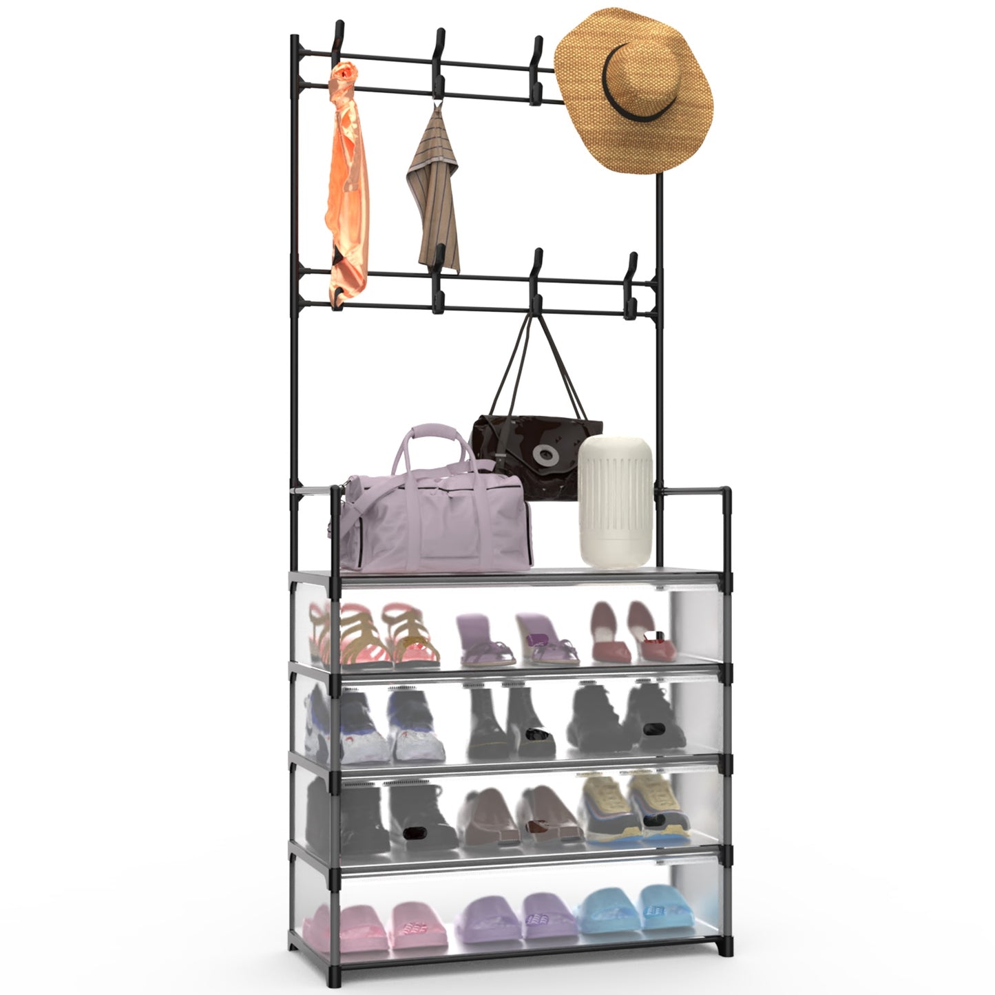 US Local 1Pc 5Tier Dustproof Entryway Hall Tree Coat Rack Shoe Rack With 8 Removable Hooks Freestanding Shoe Storage Shelf Hat Clothes Organizer For Front Door Bedroom Entryway