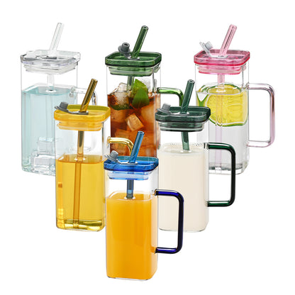 US Local 1 Pcs Transparent Glass Straw Cup, 6 Colors Square Glass Cup With Straw And Lid, High Borosilicate Glass Cup, Milk Cup, Juice Cup, Cold Drink Cup, Coffee Cup, Tea Cup, Office Cup, Gift Cup
