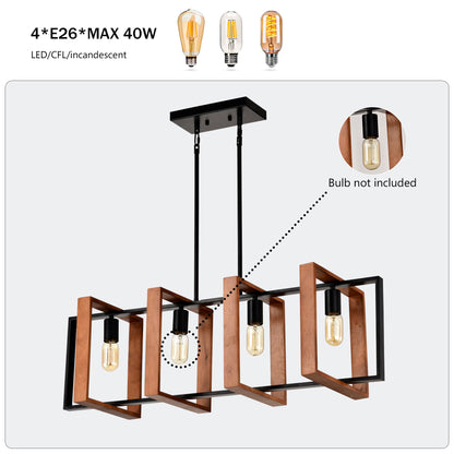 US Local 4-Light Kitchen Island Lights Pendant Light Farmhouse Dining Room Light Fixture, Rustic Wood And Black Metal Rectangular Chandelier, Hanging Lighting For Living Room,Conference Room, Home Office
