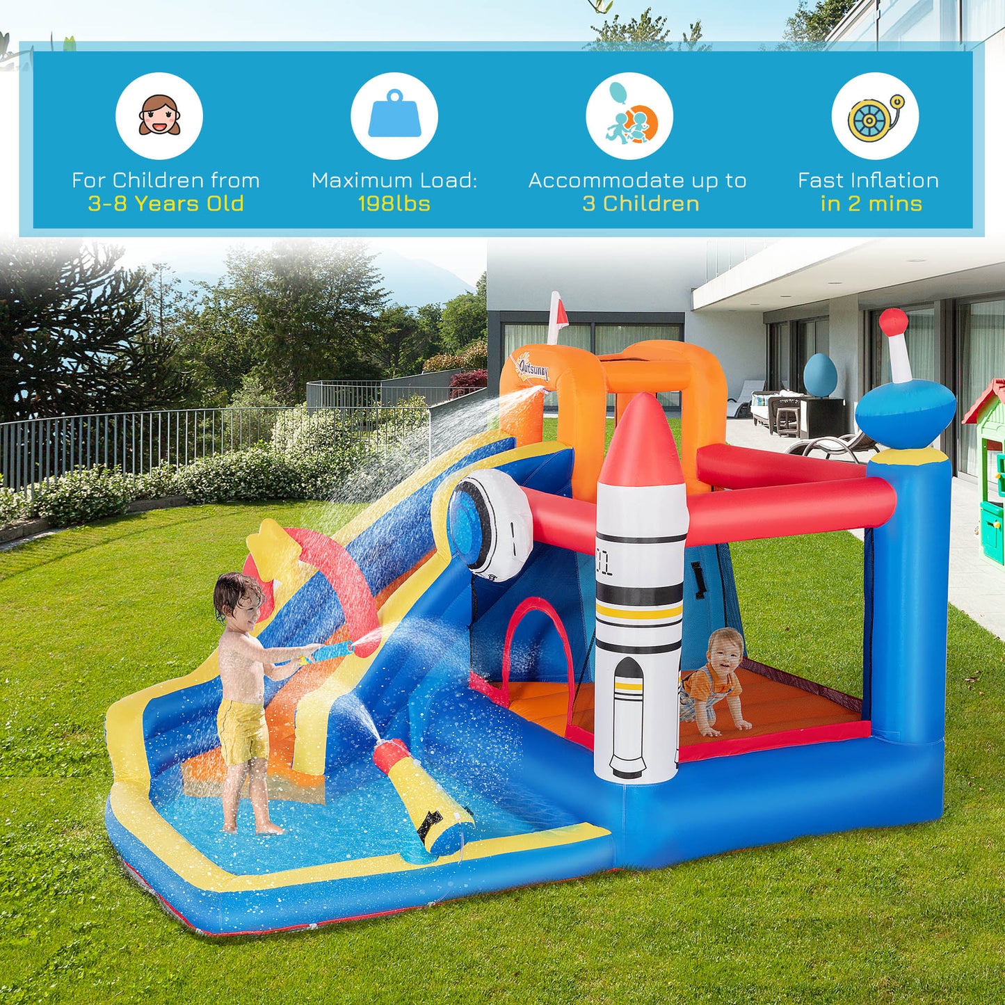 US Local 5-in-1 Kids Bounce House Inflatable Water Slide with Pool