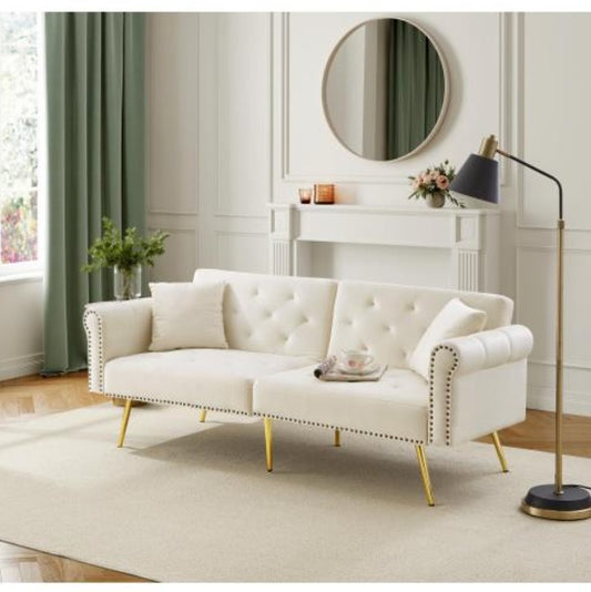 UK Local Modern 2-Seater Sofa Bed Velvet Upholstery, 3 Stage Adjustable Backrest Gold Plated Metal Feet Stylish Sofa With Sleeping Function  Space-Saving Durable Ideal For Small Spaces