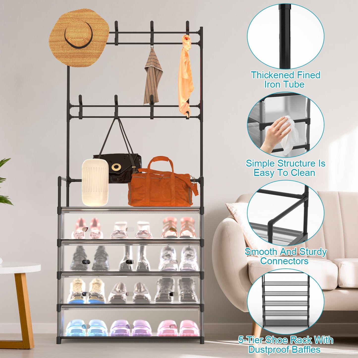 US Local 1Pc 5Tier Dustproof Entryway Hall Tree Coat Rack Shoe Rack With 8 Removable Hooks Freestanding Shoe Storage Shelf Hat Clothes Organizer For Front Door Bedroom Entryway