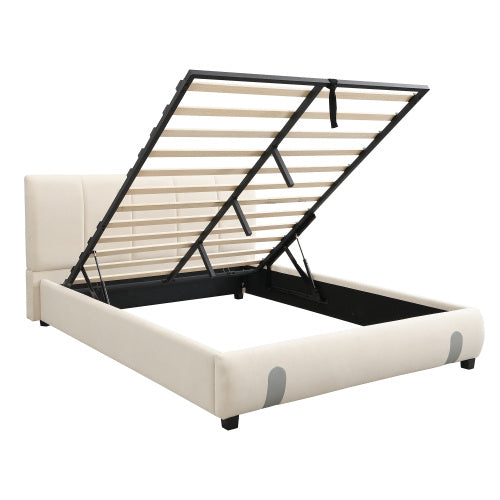 UK Local Upholstered Hydraulic Bed, For Adults And Teenagers, 4ft6 Double Bed 135x190cm, Under-bed Storage Space, Soft Headboard, MDF  Velvet  Plywood, White