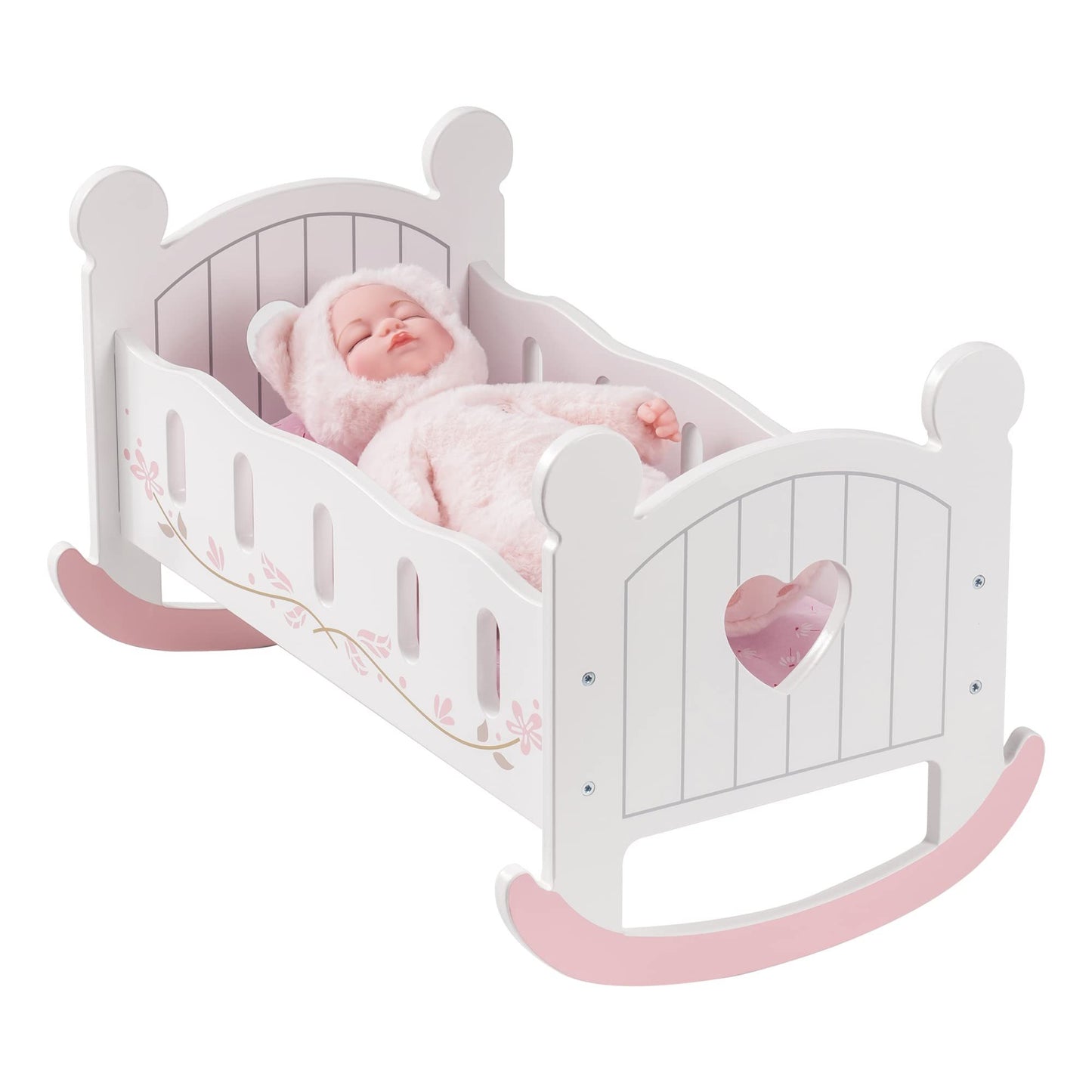 US Local ROBOTIME Wooden Doll Cradle Rocking Baby Doll Crib Reversible Doll Bed For Dolls Girl,Fits Dolls Up To 18 Inches