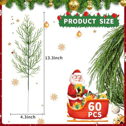 US Local NOVWANG 60 Pcs Artificial Pine Branches, Artificial Cedar Stems And Artificial Snow Pine Branches For Christmas Decoration Christmas Picks For DIY Garland Craft Family Kitchen Holiday Decoration