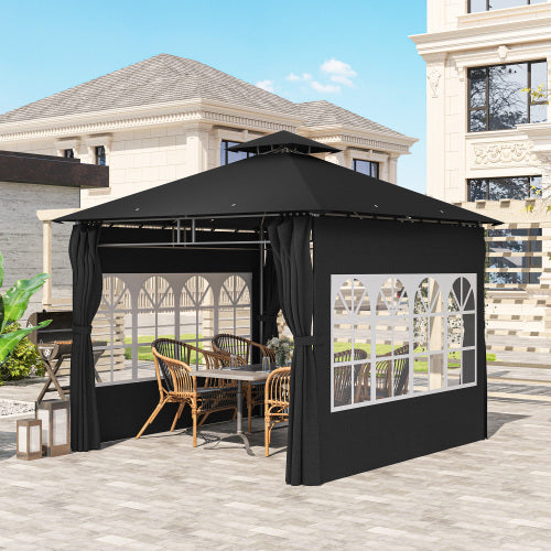 UK Local Outsunny 3 X 3 M Garden Gazebo, Double Roof Metal Gazebo With Removable Sidewalls And Church Windows, Outdoor Canopy Shelter, Black