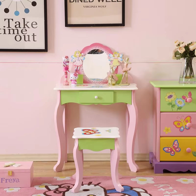 US Local Princess Vanity Make Up Table Wooden Dressing Table With Mirror And Stool For Kids