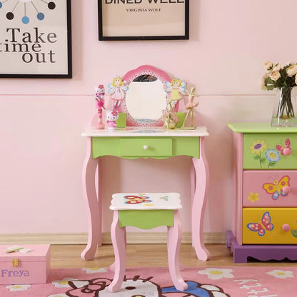 US Local Princess Vanity Make Up Table Wooden Dressing Table With Mirror And Stool For Kids