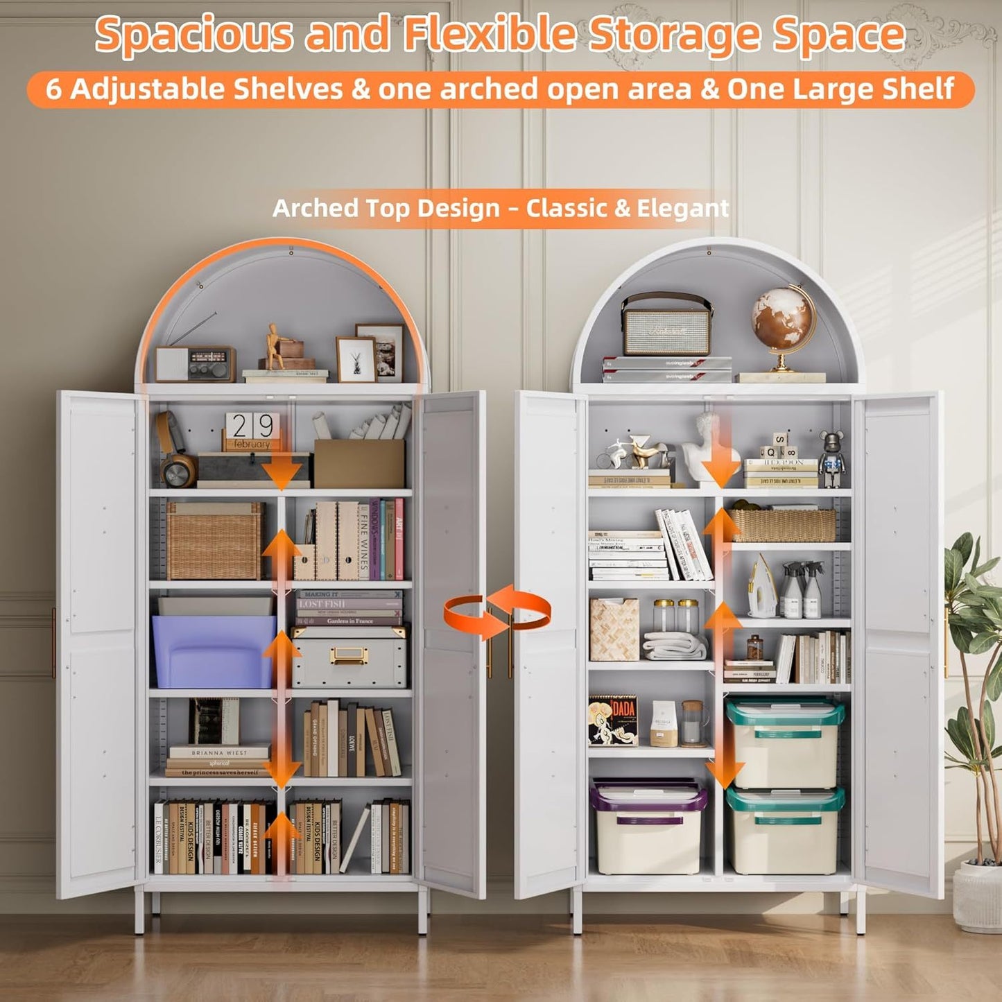 US Local Tall Kitchen Pantry Cabinet, Arched Storage Cabinet With Doors And Adjustable Shelves, White Freestanding Cupboard For Laundry, Dining Room, Living Room, Bathroom