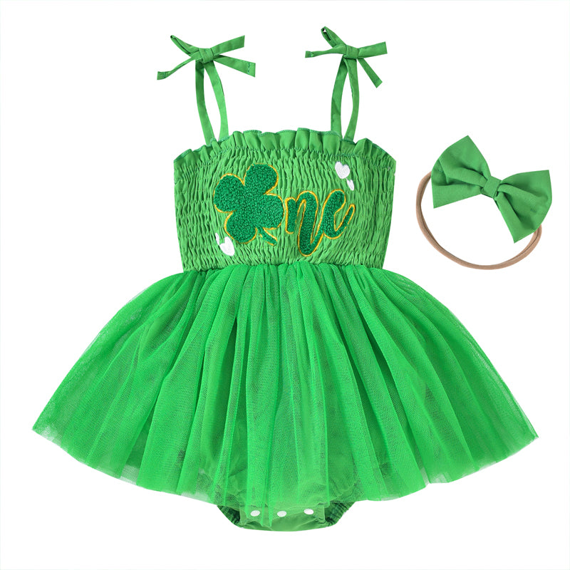 US Local Baby Girl's Clover Embroidered Dress & Headband Set, Sleeveless Ruffle Romper With Tulle Skirt