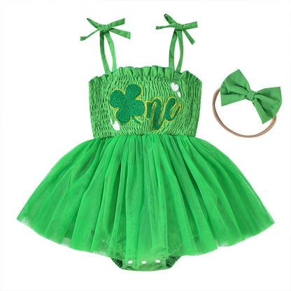 US Local Baby Girl's Clover Embroidered Dress & Headband Set, Sleeveless Ruffle Romper With Tulle Skirt