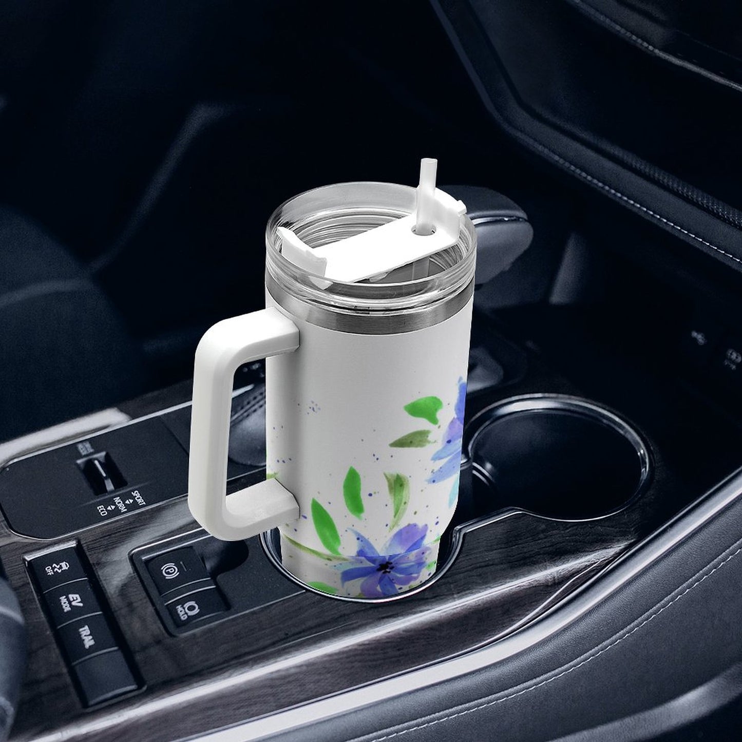 PHDT00144 POD US Local Tumbler 40 oz Large Capacity Car Cup Watercolor, Blue Flowers, Green Leaves