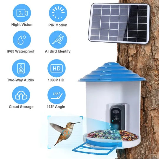 US Local Smart Bird Feeder With Solar Powered Camera 1080P HD AI Identify PIR Motion Auto Capture Video Cloud Card Storage WiFi Connection App Control IP65 Waterproof