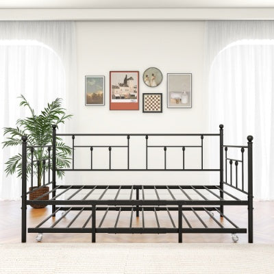 US Local Twin Size Daybed Metal Frame With Trundle Set, Twin Day Bed Sofa, Daybed And Roll Sofa Bed For Guest Room, Bedroom, Living Room, Victorian Style, Black