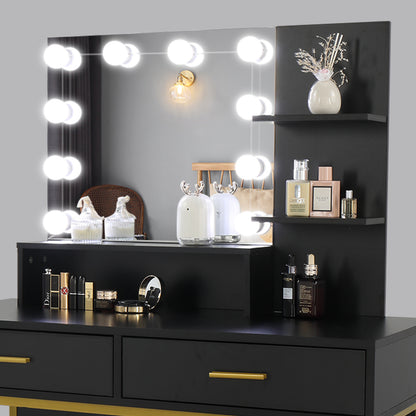 US Local Black, Particleboard, Steel Frame, Two-drawer, Three-tier Shelf, Dressing Table Set, Three-tone Light, Light Luxury