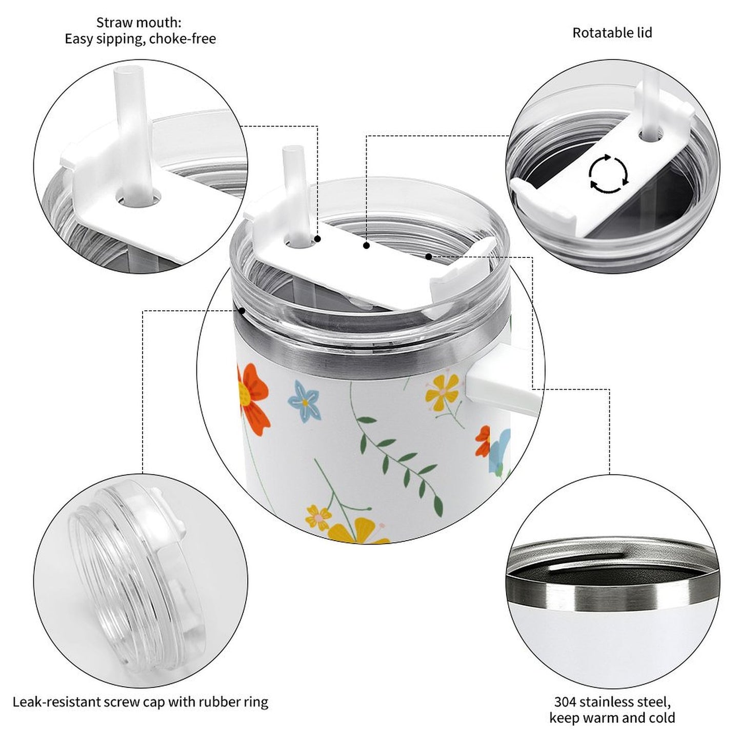 PHDT00374 POD US Local Tumbler 40 oz Large Capacity Car Cup Flowers, Rattan