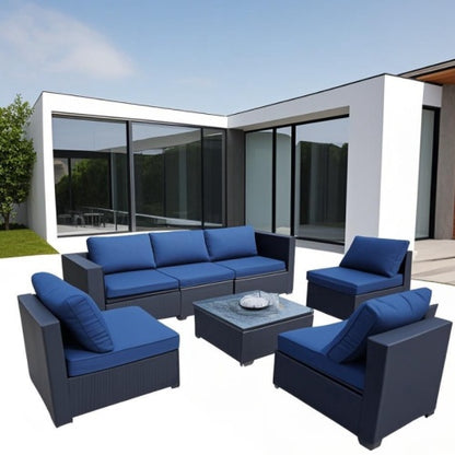 US Local Seven-Piece Sofa Set Table With Sofa Chair Black PE Rattan Outdoor Furniture 7-JH001 Box 3-1-2-3 With Blue Color Cushion