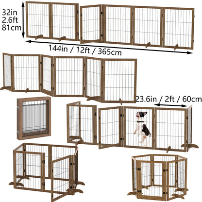 Dog Gate With Door Walk Through 144inch Extra Wide 32inch Tall 6 Panels Foldable Wire Pet Gate Barrier For House Doorway Stairs Pet Puppy Safety Fence Support Feet Included Solid Hard Wood