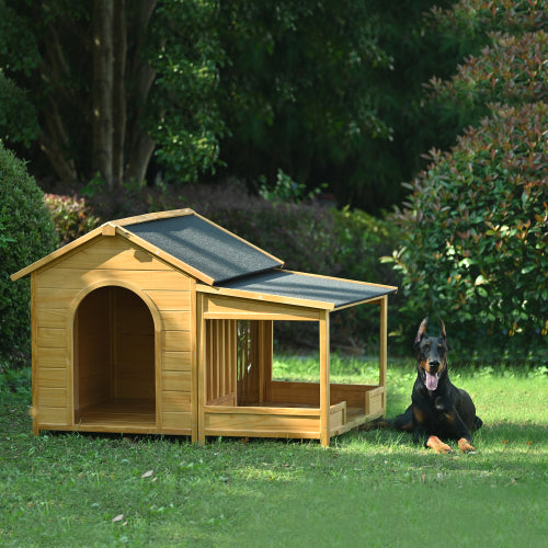 US Local 60.2 Large Wooden Dog House With Porch, Cabin Style Dog Crate With Asphalt Roof And Elevated Floor, Dog Kennel With Side Window And Doors, Perfect For Medium & Large Dogs, Nature