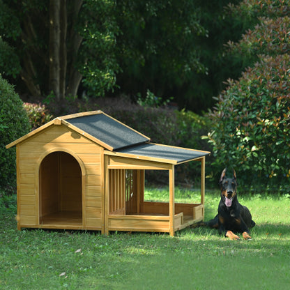 US Local 60.2 Large Wooden Dog House With Porch, Cabin Style Dog Crate With Asphalt Roof And Elevated Floor, Dog Kennel With Side Window And Doors, Perfect For Medium & Large Dogs, Nature