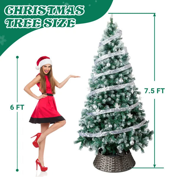 US Local 7.5 FT Artificial Snow Tipped Christmas Tree With DIY 350 Warm Lights Remote Control, Hinged Xmas Pine Tree With Silver Ribbon Ornaments For Holiday Party Office Home, Green & Snow Tipped