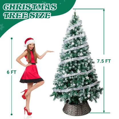 US Local 7.5 FT Artificial Snow Tipped Christmas Tree With DIY 350 Warm Lights Remote Control, Hinged Xmas Pine Tree With Silver Ribbon Ornaments For Holiday Party Office Home, Green & Snow Tipped