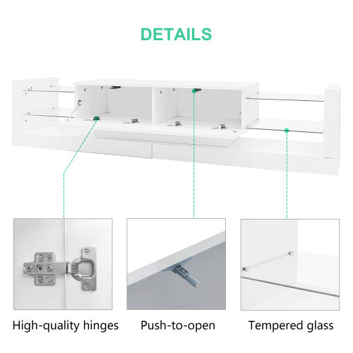 UK Local Open Glass Storage TV Stand With LED Lights For TV Cabinets Up To 75 Inches High Gloss Panel, Modern Minimalist Style Media Entertainment Center Console Cabinet Table With 2 Closed Sliding Door, White