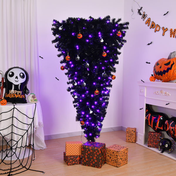 US Local 6 FT Pre-lit Upside Down Artificial Christmas Tree, Black Halloween Tree with 250 Purple Lights and Pumpkin & Skull Ornaments