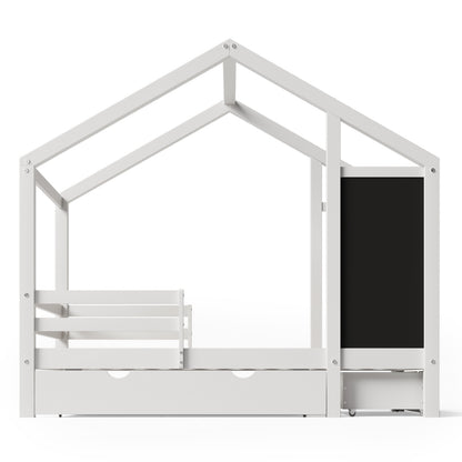 US Local Twin House Bed With Blackboard And Drawers, Two Assembly Options, White