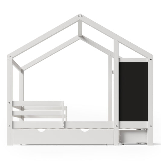 US Local Twin House Bed With Blackboard And Drawers, Two Assembly Options, White