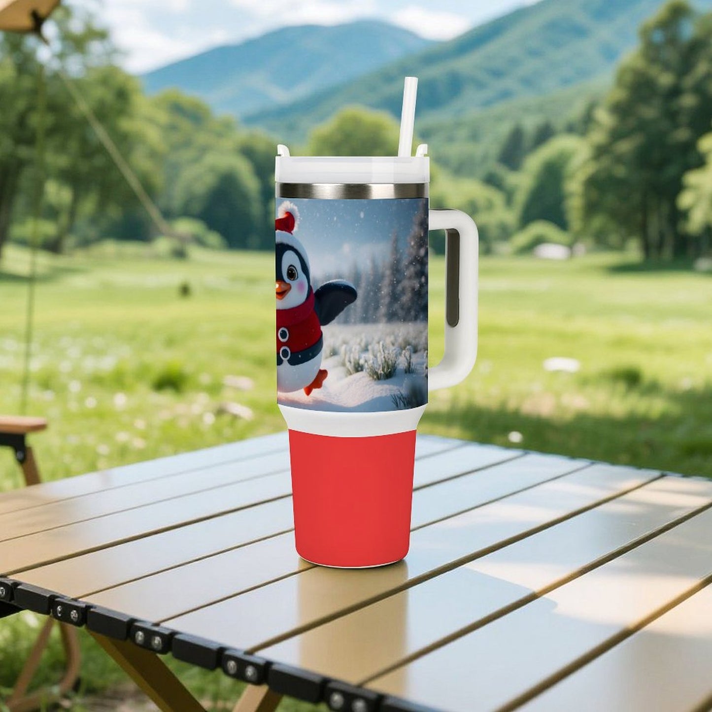 USA Local Large Capacity Car Cup Xmas Penguin_1 Red 40oz