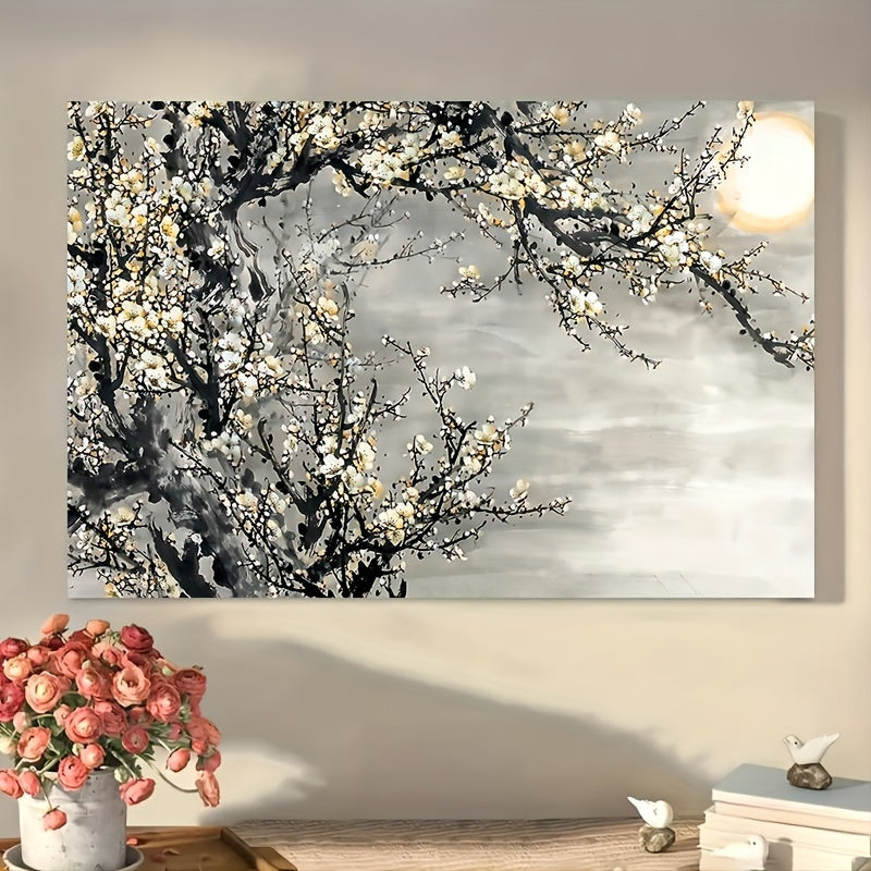 US Local 1 Framed Wooden Canvas Painting, Yellow Flowers And White Decorative Trees, Framed Wall Art, Suitable For Living Room And Bedroom, Home Decoration, Holiday Gift