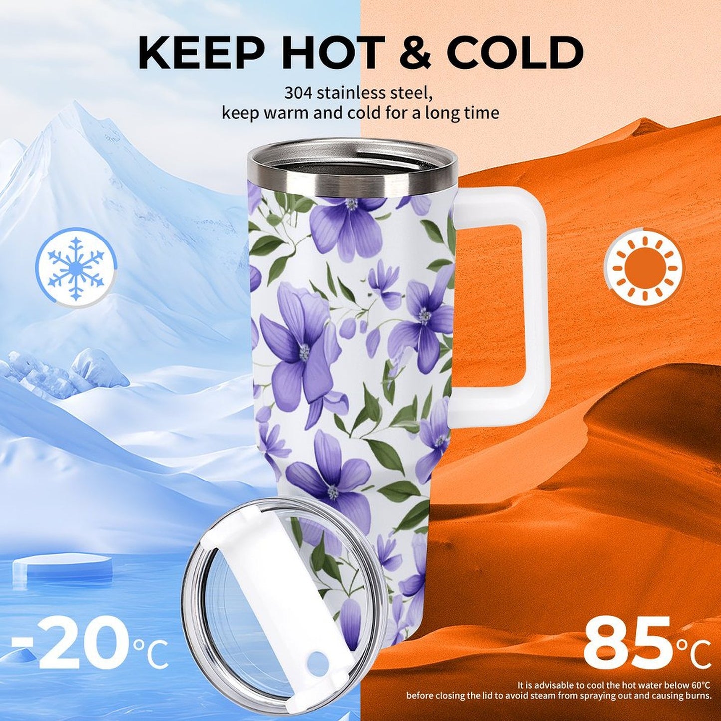 PHDT00037 POD US Local Tumbler 40 oz Large Capacity Car Cup Purple, Flowers, Green Leaves