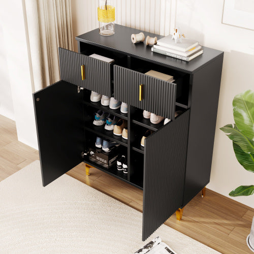 UK Local Elegant Sideboard Shoe Cabinet With Structural Panels, Adjustable Shelves And Gold-plated Decorations, With Drawers