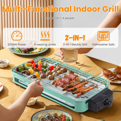 US Local 1 Pc 2000W Electric Indoor Grill 2 In 1 Electric BBQ Gill With Grill Net Removable Plate 5 Temperature Control 3 Small Trays Dishwasher Safe