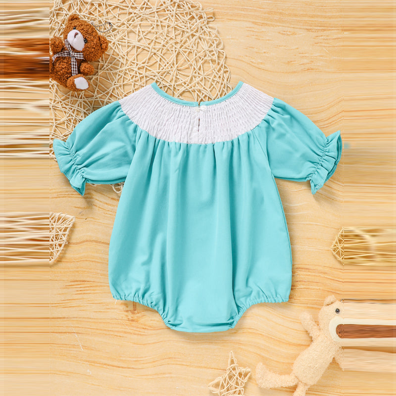 US Local Baby Girl Comforable Bunny Romper Set, Bubble Sleeve Onesie With Bow Rabbit Embroidery