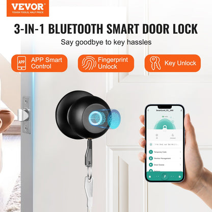 US Local VEVOR Smart Door Knob, Biometric Door Lock Bluetooth Smart Lock, Fingerprint Smart Lock With APP Control, Easy Installation Door Lock, For Home Bedrooms, Cloakroom, Hotels, Apartments Offices, Black