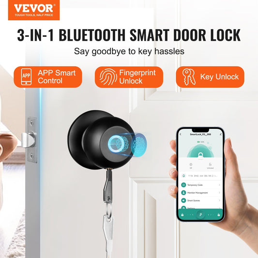 US Local VEVOR Smart Door Knob, Biometric Door Lock Bluetooth Smart Lock, Fingerprint Smart Lock With APP Control, Easy Installation Door Lock, For Home Bedrooms, Cloakroom, Hotels, Apartments Offices, Black