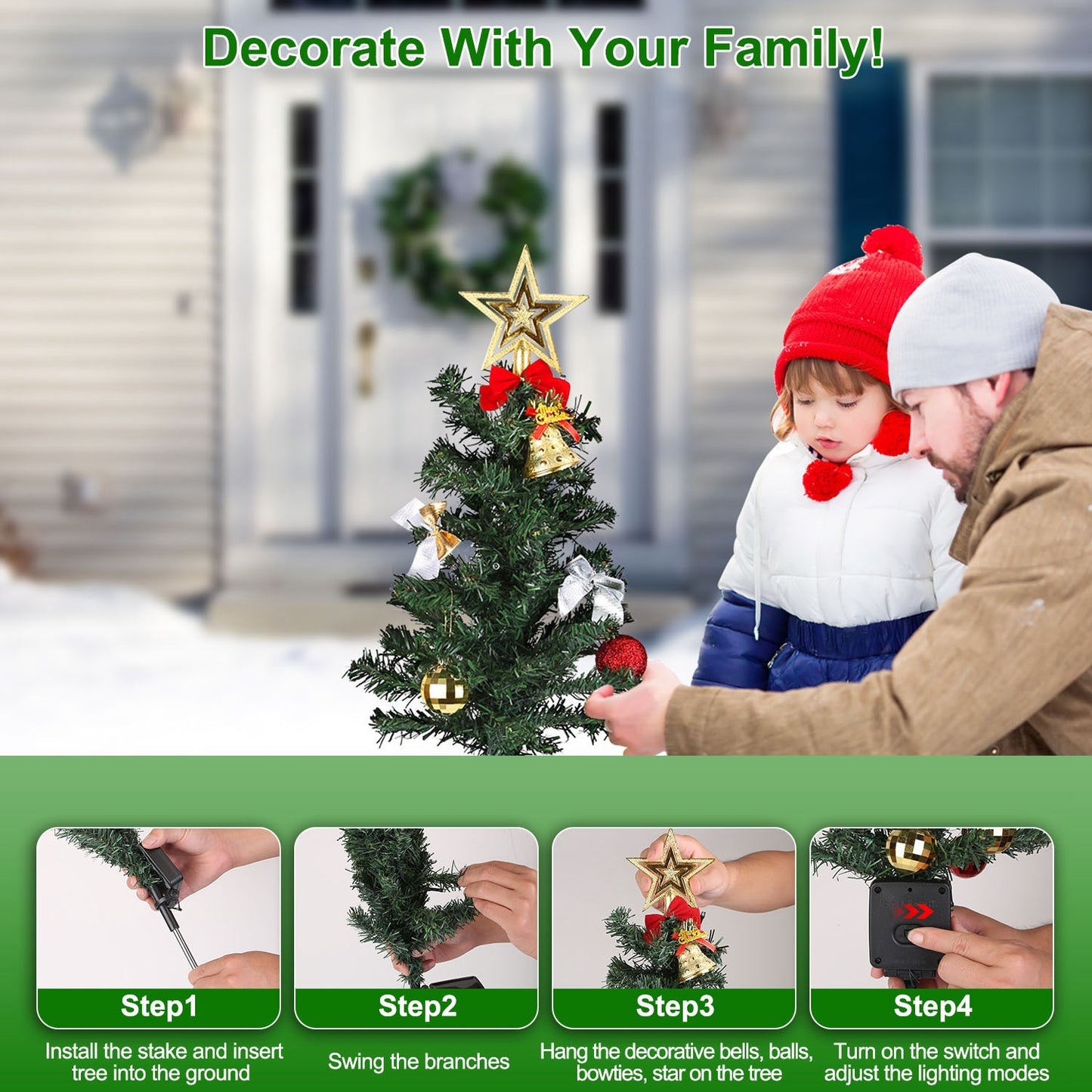 US Local 4Packs Solar Christmas Tree Lights Xmas Garden Decorations Tree Stake Lamp 20LEDs Solar Decor Light With Constant And Flashing Mode For Pathway Yard Patio Landscape