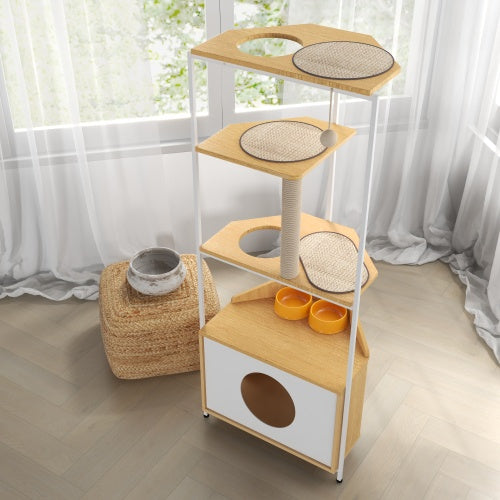 US Local Cat Apartment With Feeding Station And Climbing Platform, Pet Furniture For Indoor Cats
