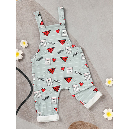 US Local Baby Boy Girl's Casual Heart Pattern Jumpsuit, Paper Airplane Heart Xoxo Trendy Overalls, Valentine's Day Coming Home Outfit