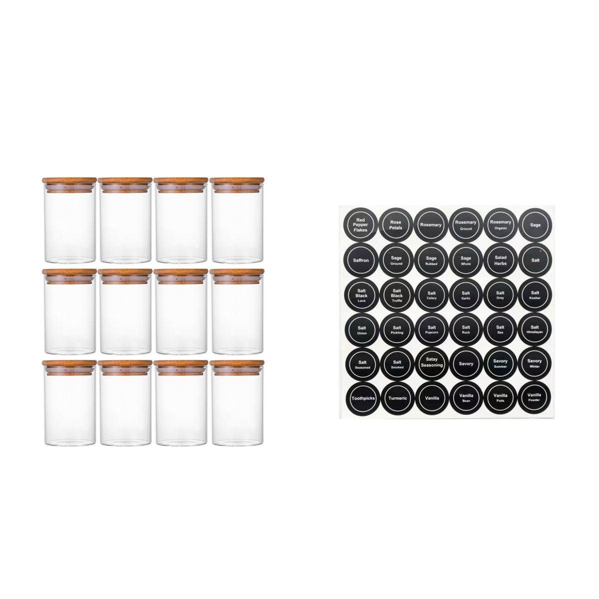 US Local 12 Pcs Round Spice Jars With Bamboo Lids And Stickers, Glass Storage Jars, Candy Jars, Coffee Jars, Salt Jars, Pepper Jars, Tea Jars
