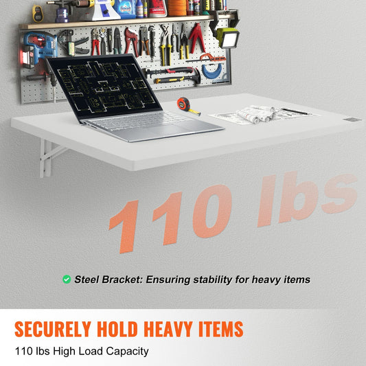 US Local VEVOR Wall Mounted Folding Table, Wall Mount Drop Leaf Table, Floating Desk With Iron Bracket, Fold Down Desk For Small Spaces, Home Office, Dining, Laundry Room, Kitchen, Bar, White