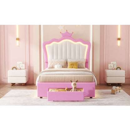 US Local Twin Size Upholstered Bed Frame With LED Lights, Modern Upholstered Princess Bed With Crown Headboard, A Drawer