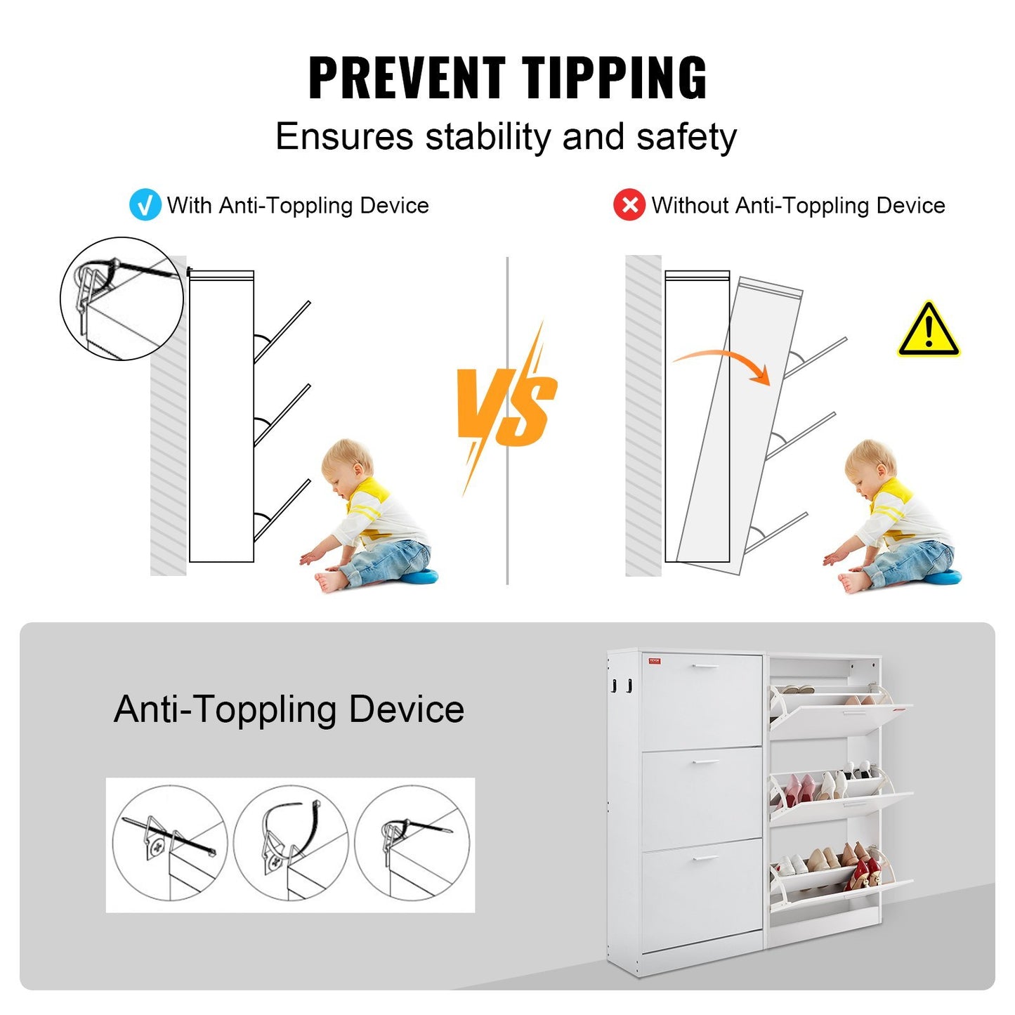 US Local VEVOR Shoe Cabinet With 3 Flip Drawers, Shoe Storage Cabinet For Entryway, Free Standing Shoe Storage Organizer With Side Hooks For Heels, Boots, Slippers In Hallway, Living Room